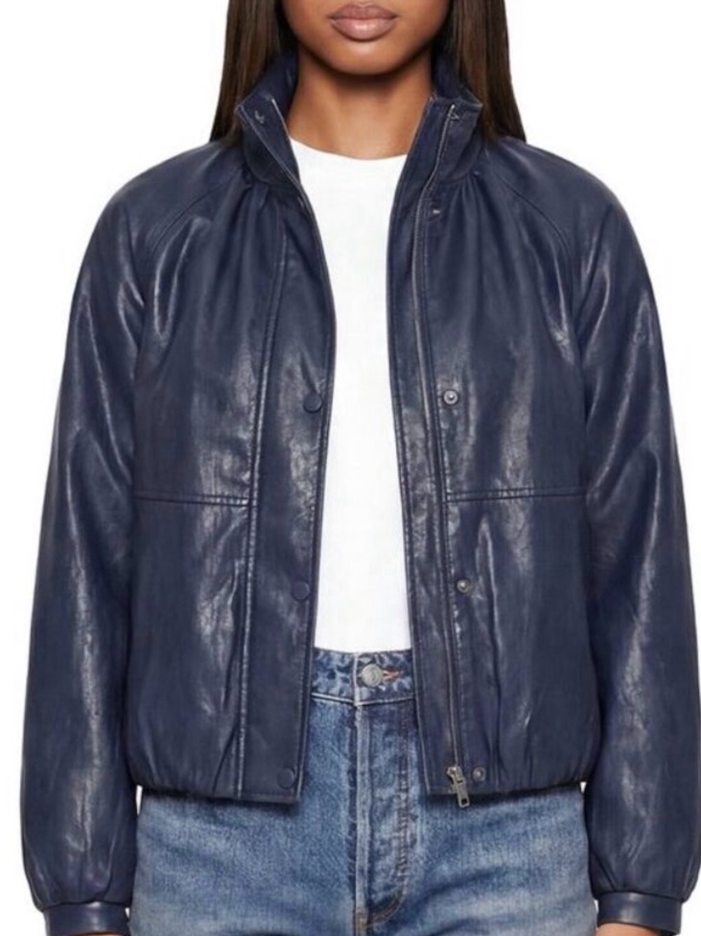 Avec Les Filles Navy Leather Bomber Jacket